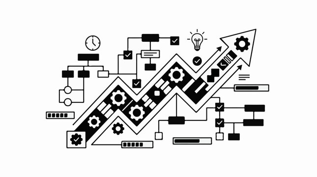 A flowchart with gears a clock and an idea bulb on an upward arrow