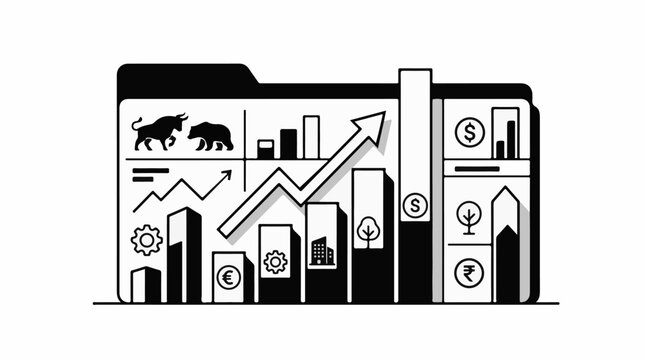 A folder displaying financial charts bull and bear symbols and currency icons