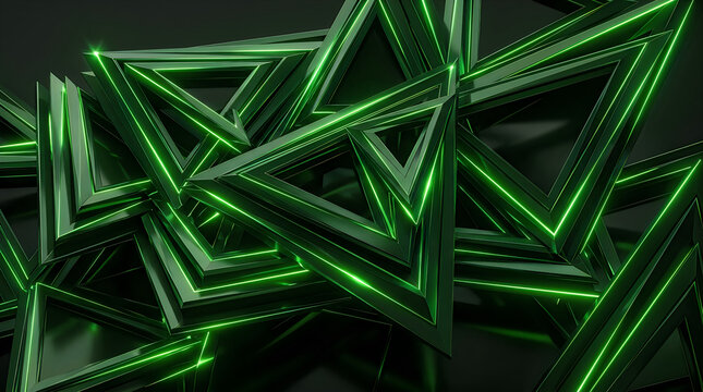 Abstract dark background with glowing green neon triangle shapes and geometric lines