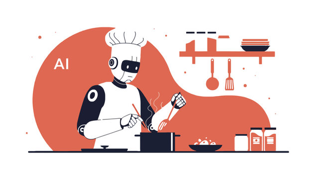 Artificial intelligence chef robot cooking food in modern kitchen