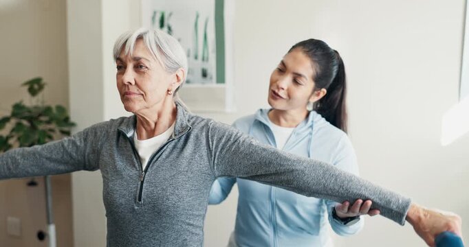 Old woman, stretching and dumbbells at clinic for physio, assessment and medical for mobility injury. Physiotherapist, help and senior person in office for physiotherapy, healing muscle and treatment
