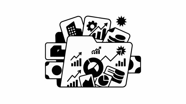 A folder filled with financial charts buildings and coins