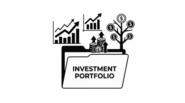 A folder labeled Investment Portfolio with growth charts and money tree