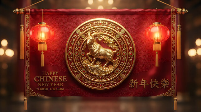 Golden ox symbol on a red chinese new year banner with traditional lanterns