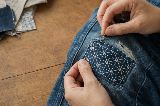Repairing Denim with Sashiko Stitching: Close-up shot of hands meticulously repairing a worn denim garment with traditional Japanese Sashiko embroidery.