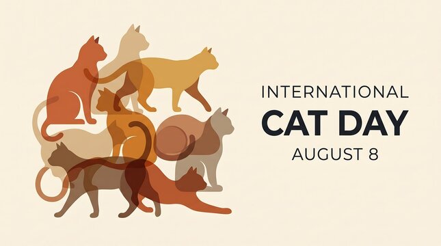 International Cat Day banner for August 8, minimalist feline silhouettes in warm earth tones, artistic pet celebration graphic with overlapping cat shapes