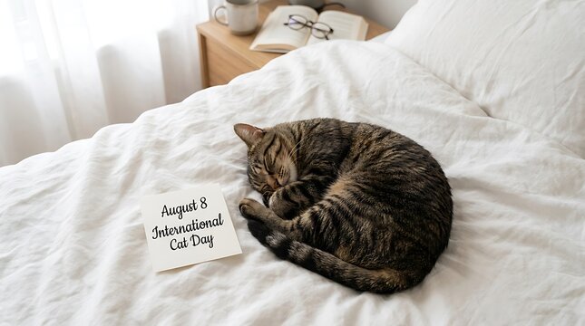 International Cat Day celebration on August 8, sleeping tabby cat on white bed linens, cozy domestic pet lifestyle scene with note