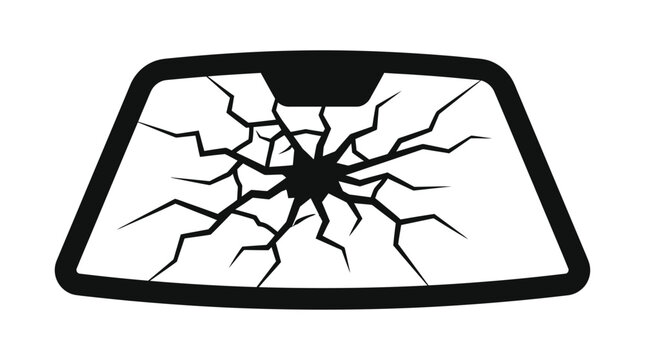 Cracked windshield glass silhouette a black shape on white background