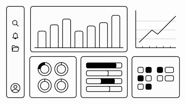 A dashboard interface displays various charts and icons for data visualization
