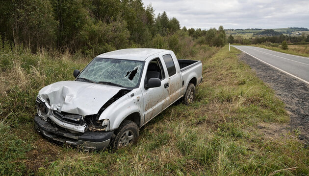 Abandoned damaged pickup truck on grassy roadside in rural landscape