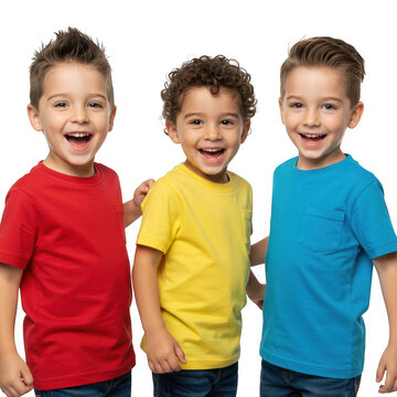 Three happy boys in colorful t shirts isolated on transparent background