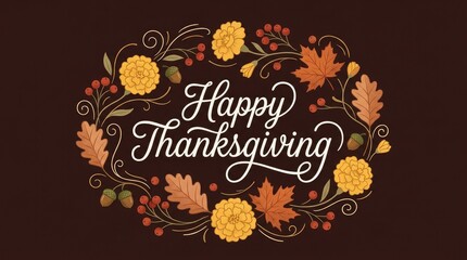 Fototapeta premium Autumnal Wreath with Happy Thanksgiving Text on Dark Background