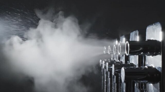 Dense white steam or mist continuously sprays from a row of industrial nozzles against a stark black background, creating a thick, swirling cloud of vapor.