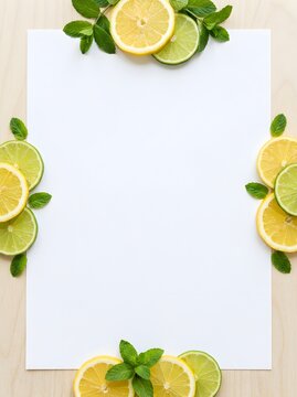 Blank white paper mock up framed with lemon slices lime slices and mint leaves on wooden table top view