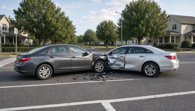Two cars involved in a serious collision on a suburban street during the day
