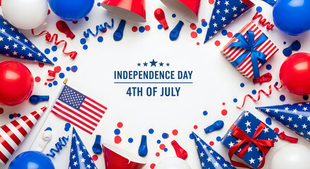 Obraz premium Independence Day celebration with American flags and fireworks. Patriotic 4th of July party decorations with red, white, and blue confetti and ball...