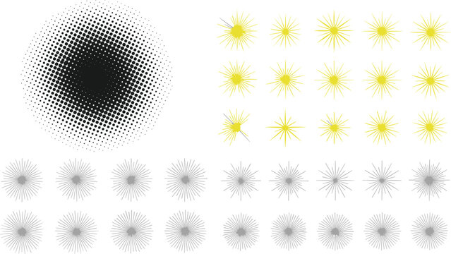 Halftone dot circle gradient texture set with various yellow sunburst icons and grey radial starburst line symbols for graphic design elements and retro background patterns