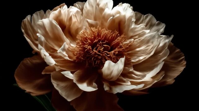 Peony flower blooming and rotating in dark studio cinematic macro shot for luxury floral branding