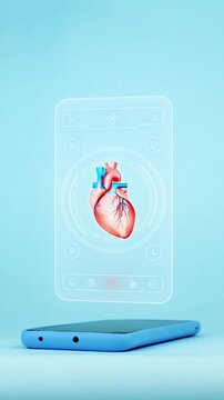Doctor using a smartphone to perform a cardiovascular diagnosis, showing an anatomical heart. Innovative medical technology for the early detection of heart disease. Light blue background.
