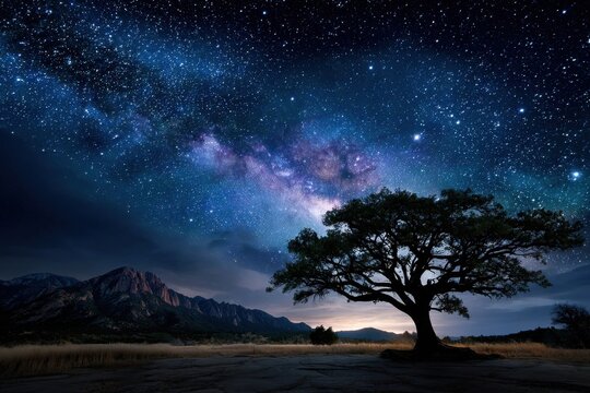 Starry Night Sky Over Mountains and Lone Tree
