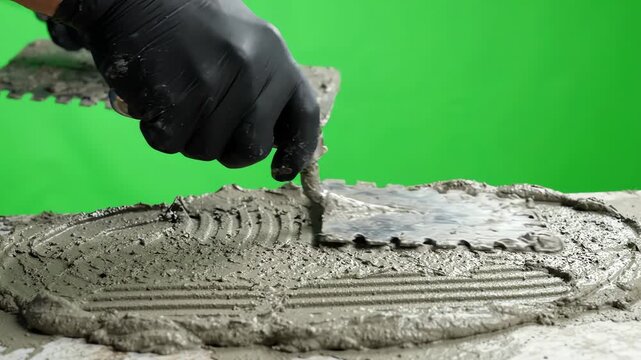 Professional notched steel tile trowel moving across a vibrant green screen background for easy keying and construction video editing