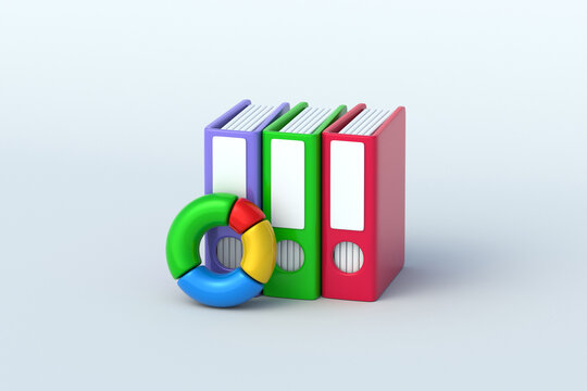 Cost effectiveness assessment. Business reporting. Financial data analysis. Corporate governance. Enterprise productivity database. Office file folders beside pie chart. 3d render