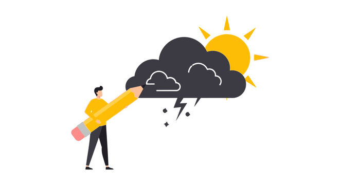 Creative Concept Illustration of a Man Drawing a Storm Cloud with a Giant Pencil Over a Bright Sun, Representing Weather Forecasting or Emotional Resilience