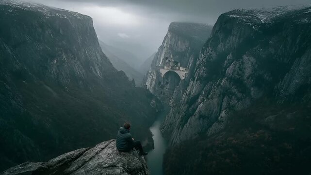 A moody, atmospheric portrayal of a solitary figure seated on a rocky outcrop, overlooking a vast canyon. The person wears a dark jacket and pants, and their posture indicates contemplation or.
