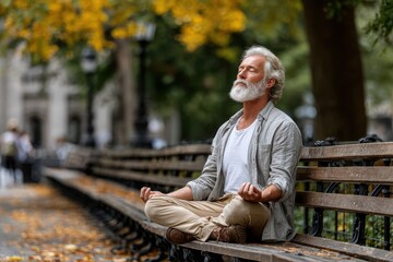 Fototapeta premium Elderly man meditating peacefully on a park bench surrounded by autumn leaves