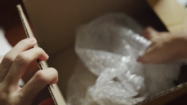 Hand Filling Cardboard Box with Plastic Bubble Wrap Sheet for Protection