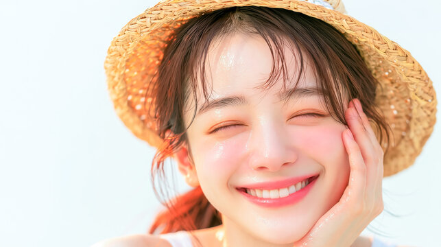 麦わら帽子を被り、陽光の中で満面の笑みを浮かべる若い日本人女性。肌に水滴がつき、潤いと清潔感を感じさせる夏休みやスキンケアのコンセプト。