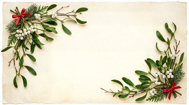 Christmas mistletoe corner borders frame on vintage paper with mistletoe