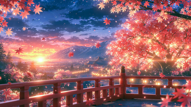 鮮やかな紅葉が舞う夕暮れ時の日本の寺院のテラス。美しい夕日と星空が交差する山々の風景を背景にした、幻想的でノスタルジックな秋の夜の始まりを表現したアニメ調のイラスト。