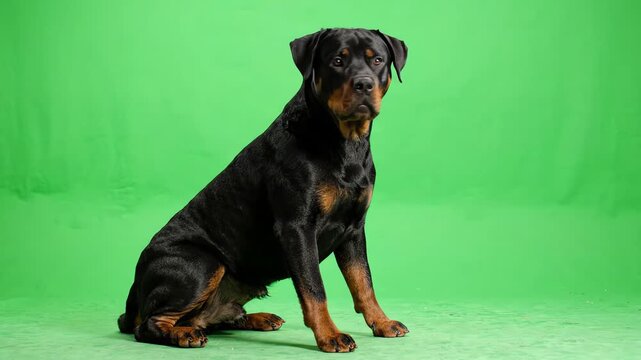 Purebred Rottweiler dog sitting and looking around against a bright green screen background for compositing