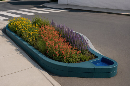Extension de trottoir fleurie cr&eacute;ant un habitat urbain pour pollinisateurs