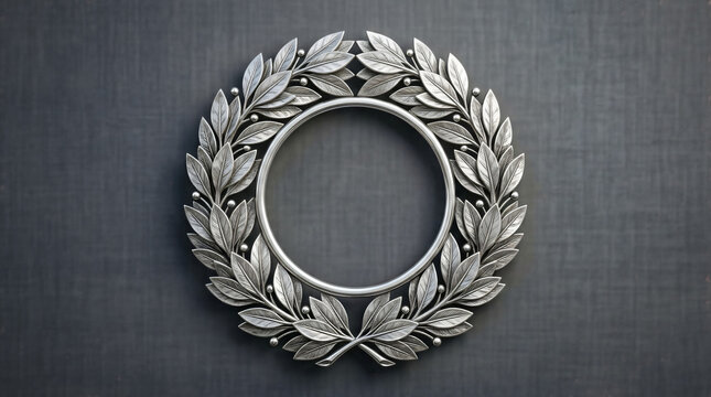 Detailed silver laurel wreath frame on dark textured background with ornament