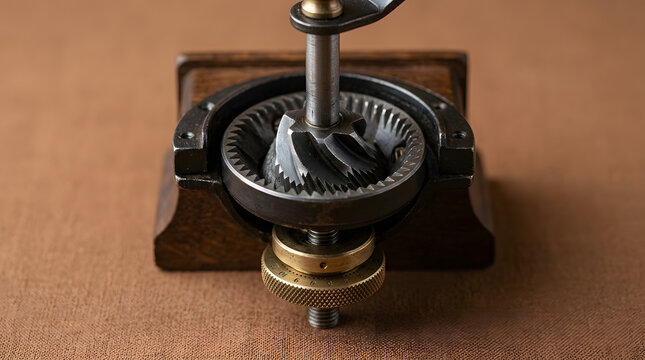 Vintage manual coffee grinder mechanism showcasing intricate steel burrs and solid brass adjustment dial components on a warm brown textured surface