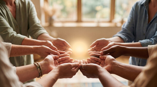 Premium background for International Women's Equality Day within a scene of diverse hands creating a circle around a glowing center, inclusion, diversity, unity, and social equality