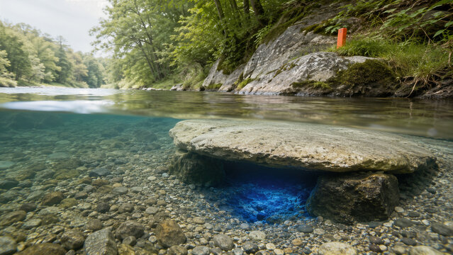 Refuge thermique submerg&eacute; en pierre pr&egrave;s d&rsquo;une source d&rsquo;eau fra&icirc;che