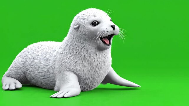 Realistic 3D animation of a cute white harp seal pup moving its body and blinking on a bright green screen background