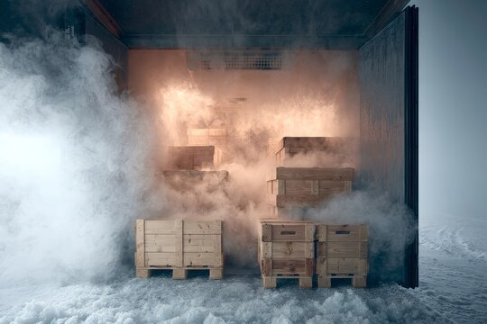 The interior of a refrigerated delivery truck loaded with plain crates and cold vapor. Logistics packaging concept.