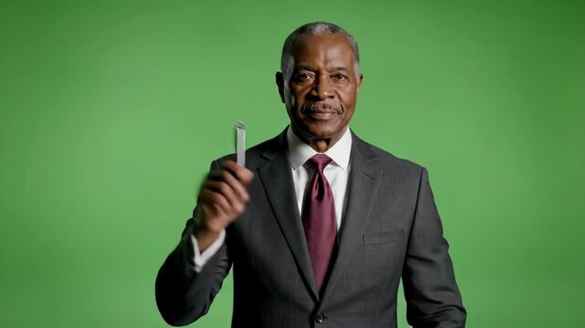 Green Screen Background Behind a Senior Businessman in a Suit Holding a Pen