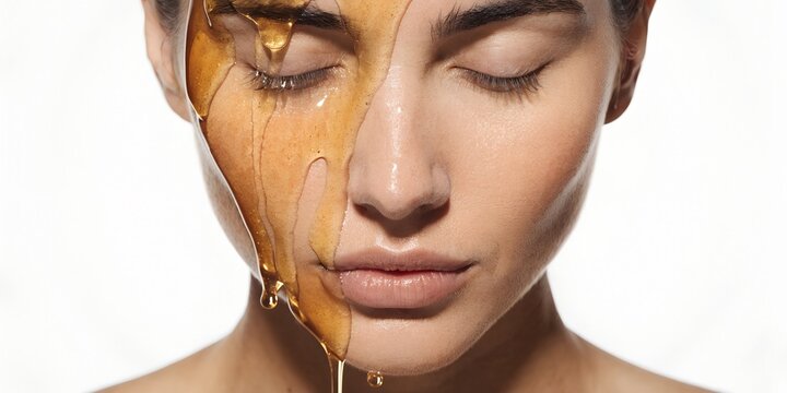 Close Up Beauty Portrait Of A Woman With Closed Eyes And Glossy Golden Honey Dripping Down Half Of Her Bare Face In A Natural Organic Skincare And Beauty Treatment Concept