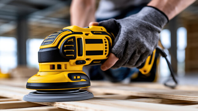Electric sander power tool woodworker construction safety glove hand detail sanding workshop carpentry Electric sander power tool hand of woodworker during construction work with safety glove