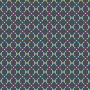 Traditional pixel geometric lattice pattern with repeating diamond motifs in pastel colors. Seamless decorative textile design for fabric, wallpaper, wrapping paper, packaging, and digital backgrounds