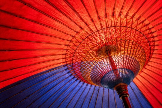 Red and blue Japanese paper umbrella seen from below with bamboo ribs