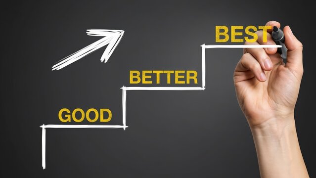 Hand drawing a staircase with word GOOD BETTER and BEST and an upward arrow to represent stage of improvement