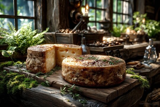 Wheels of cheese on rustic wooden table by window