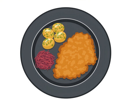 Traditional Polish kotlet schabowy breaded pork cutlet with boiled dill potatoes and red cabbage, top-down view flat vector style illustration