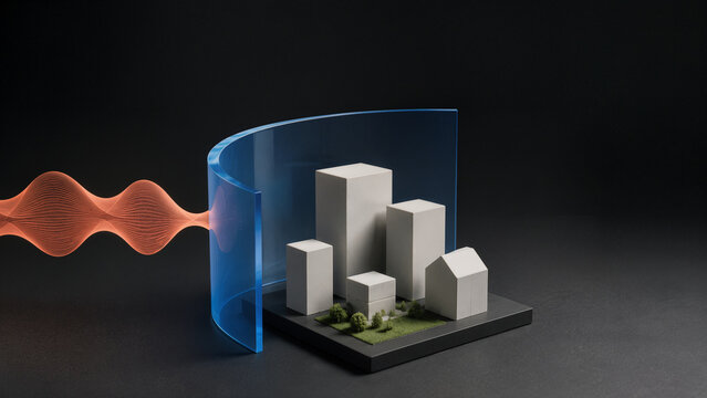 Bouclier acoustique courbe prot&eacute;geant une ville miniature des ondes sonores